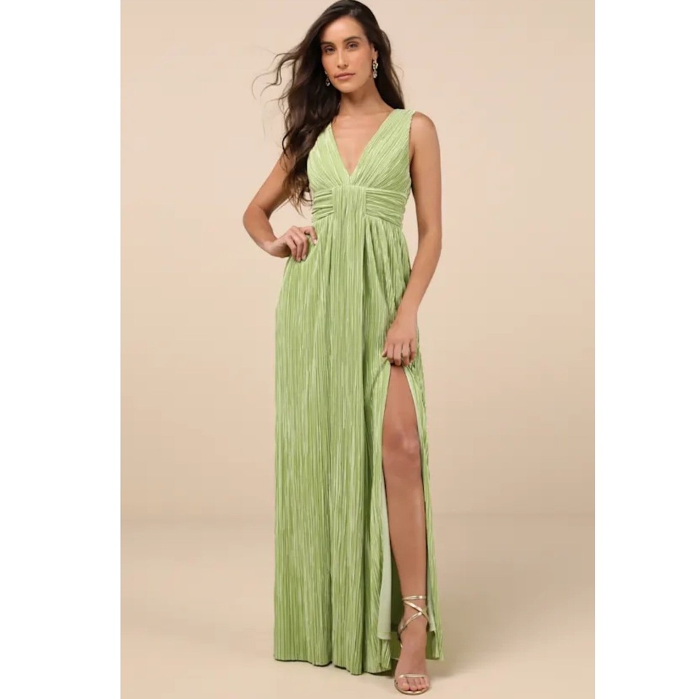 Lulus Melitta Lime Green Plisse Sash Sleeveless Maxi Dress NWT Size Small